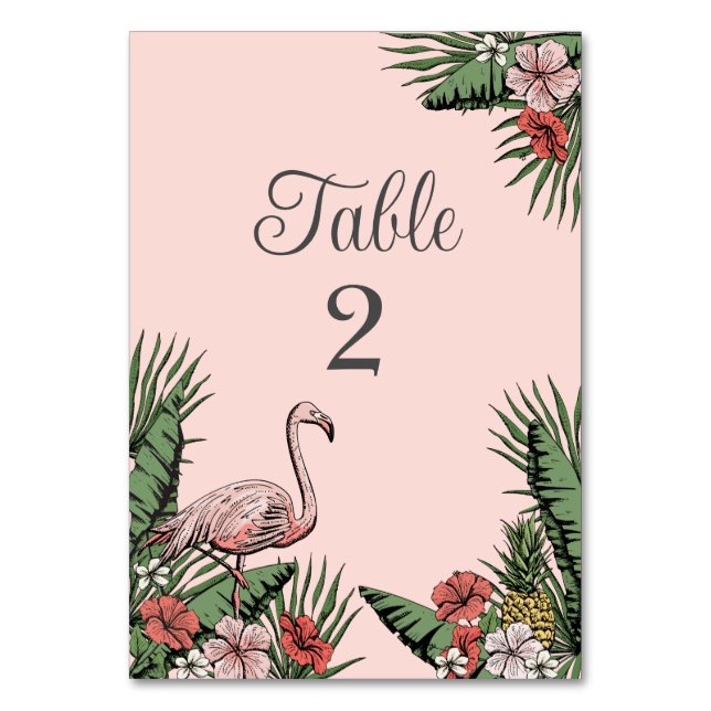 Tropical Pink Flamingo Luau Table Number Cards (Front)