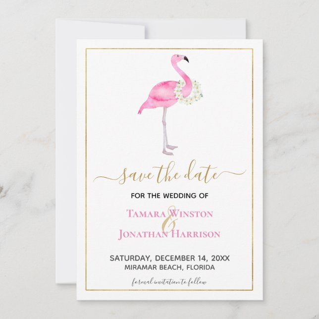 Tropical Pink Flamingo Magnolias Beach Wedding Save The Date (Front)