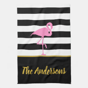 Tropical Pink Flamingo on Black and White Stripes Kitchen Towel