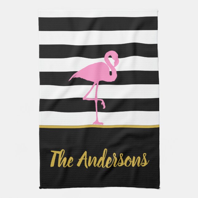 Tropical Pink Flamingo on Black and White Stripes Kitchen Towel (Vertical)