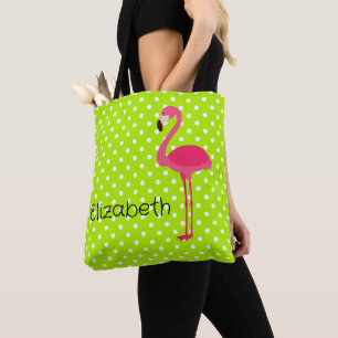 Tropical Pink Flamingo on Green White Polka Dots Tote Bag