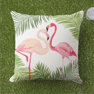 Tropical Pink Flamingo Pair Palm Frond Outdoor Pillow