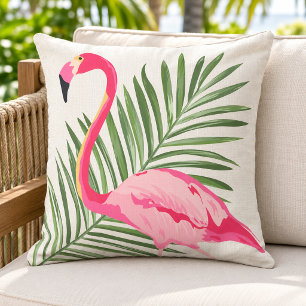 Tropical Pink Flamingo Palm Beige Linen Outdoor Pillow