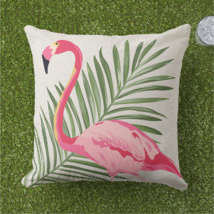 Tropical Pink Flamingo Palm Beige Linen Outdoor Pillow