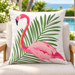 Tropical Pink Flamingo Palm Leaf Outdoor Pillow