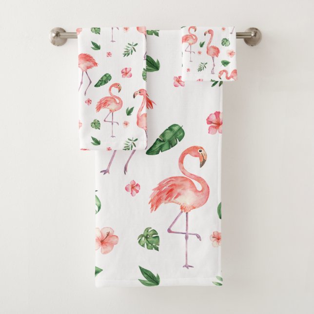 Tropical Pink Flamingo Pattern Bathroom Bath Towel Set (Insitu)