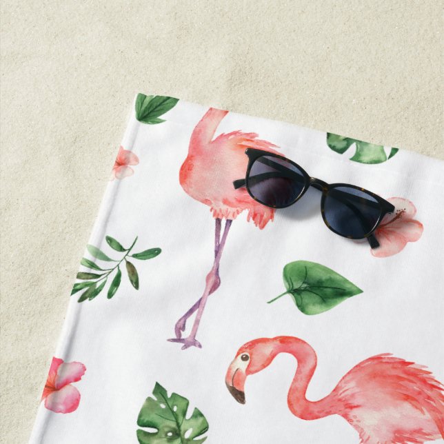 Tropical Pink Flamingo Pattern Beach Towel (In Situ)
