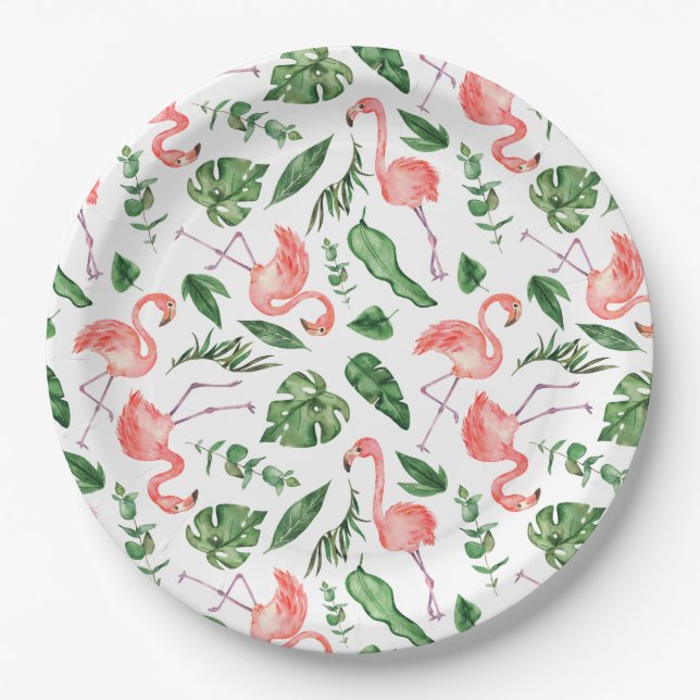 Tropical Pink Flamingo Pattern v2 Paper Plate (Front)