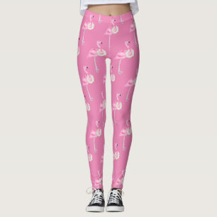 Tropical Pink Flamingo Pattern White Floral Wreath Leggings