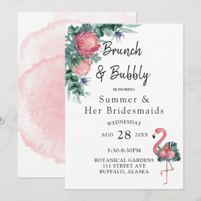 Tropical Pink Flamingo Peony Brunch and Bubbly Invitation (Front/Back)