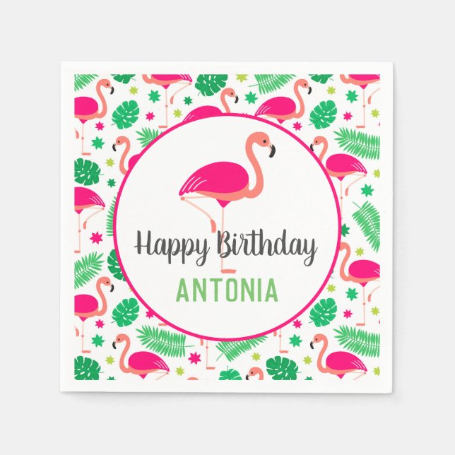 Tropical Pink Flamingo Personalized Birthday Napkin (Front)