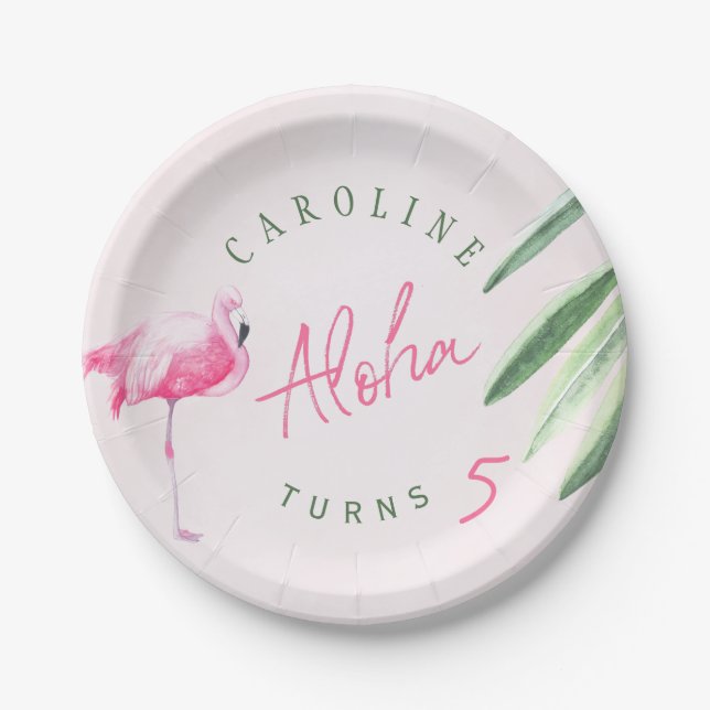 Tropical pink flamingo personalized birthday party paper plate (Front)