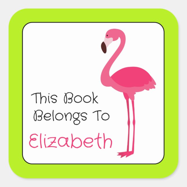 Tropical Pink Flamingo Personalized Bookplate Square Sticker (Front)