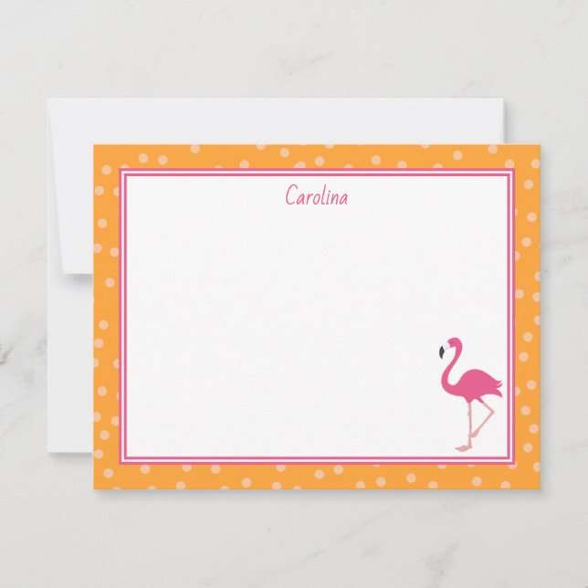 Tropical Pink Flamingo Polka Dots Orange Note Card (Front)