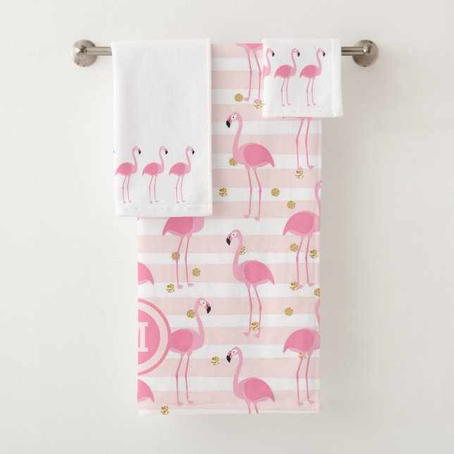Tropical Pink Flamingo Stripe Monogram Bath Towel Set (Insitu)