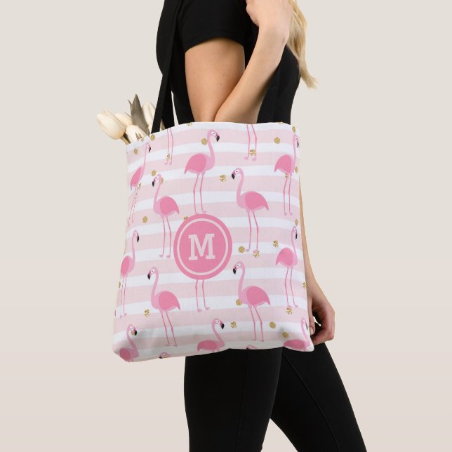Tropical Pink Flamingo Stripe Monogram Tote Bag (Close Up)