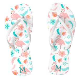 Tropical Pink Flamingo Teal Monogram Flip Flops