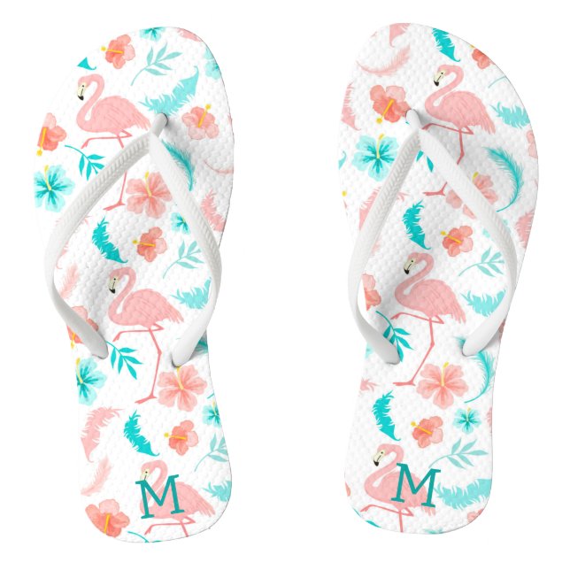 Tropical Pink Flamingo Teal Monogram Flip Flops (Footbed)