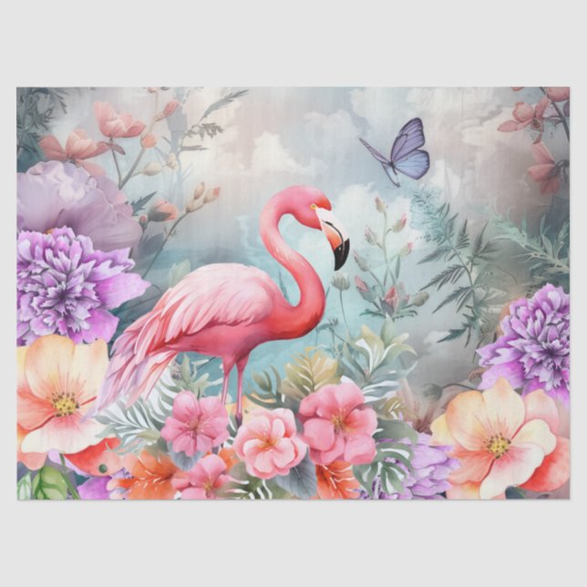 Tropical Pink Flamingo & Watercolor Florals Tissue Paper (Front)