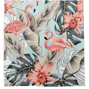 Tropical pink flamingo with orchid flowers and lea