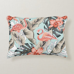 Tropical pink flamingo with orchid flowers and lea accent pillow