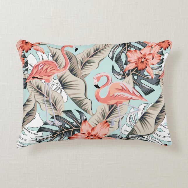 Tropical pink flamingo with orchid flowers and lea accent pillow (Front)