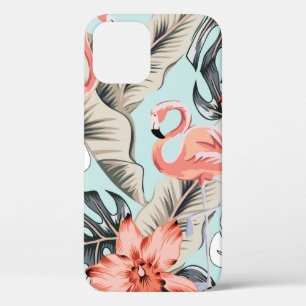Tropical pink flamingo with orchid flowers and lea iPhone 12 case