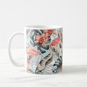 Tropical pink flamingo with orchid flowers and lea coffee mug