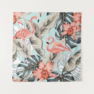 Tropical pink flamingo with orchid flowers and lea tapestry