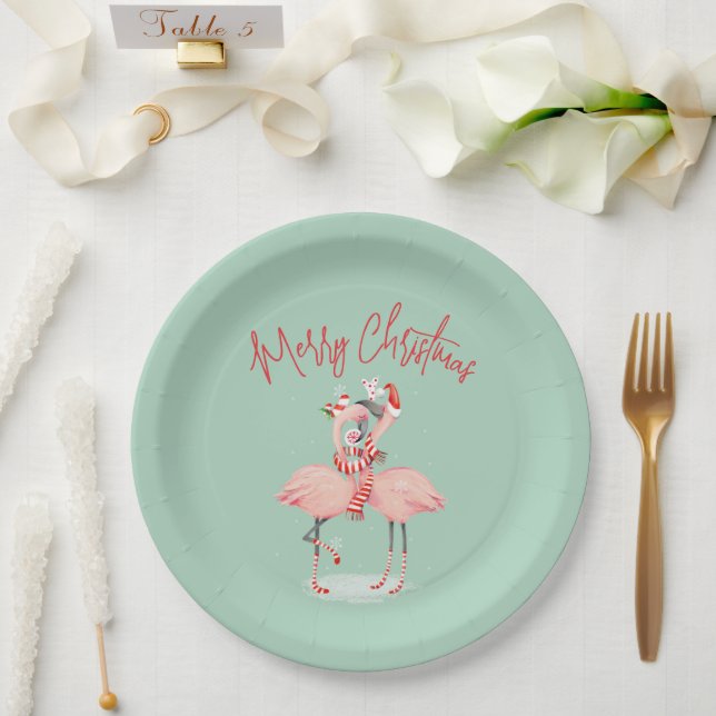 Tropical Pink Flamingo With Santa Hats Christmas Paper Plate (Wedding)