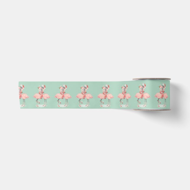 Tropical Pink Flamingo With Santa Hats Christmas Satin Ribbon (Front)
