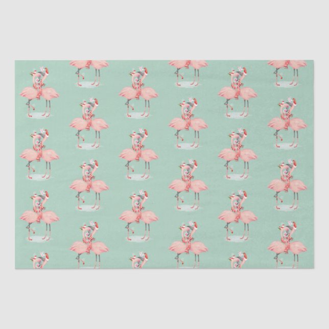 Tropical Pink Flamingo With Santa Hats Christmas Tissue Paper (Front)