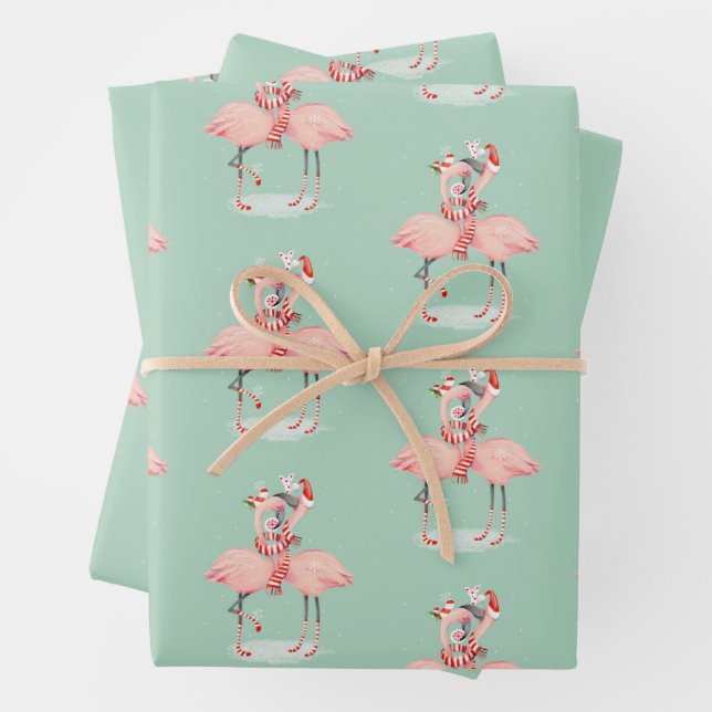 Tropical Pink Flamingo With Santa Hats Christmas Wrapping Paper Sheet (In situ)