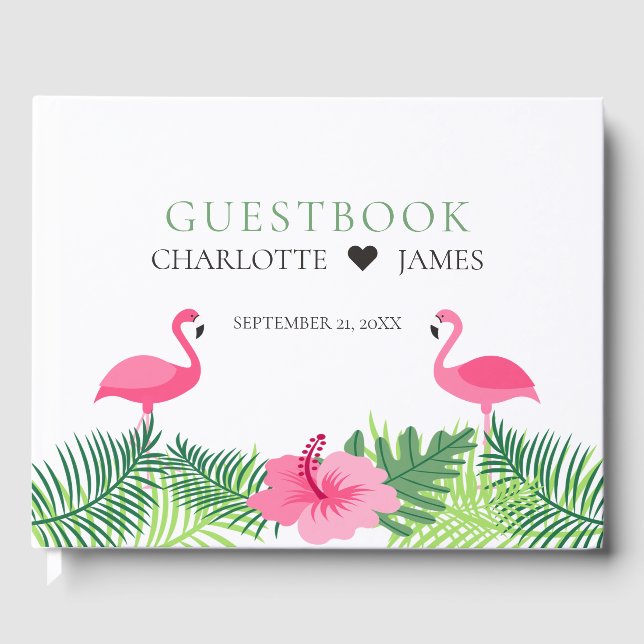 Tropical Pink Flamingos Colourful Flowers Wedding Guest Book (Front)