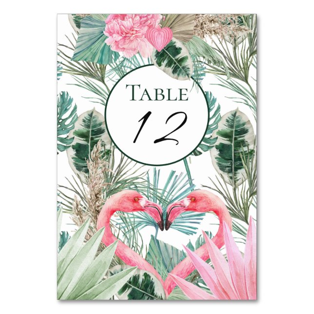 Tropical Pink Flamingos Flowers Wedding Table Number (Front)