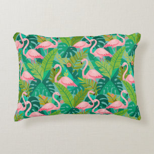 Tropical Pink Flamingos Jungle Foliage Accent Pillow