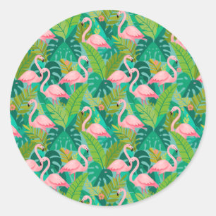 Tropical Pink Flamingos Jungle Foliage Classic Round Sticker