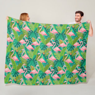 Tropical Pink Flamingos Jungle Foliage Fleece Blanket