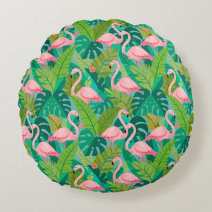 Tropical Pink Flamingos Jungle Foliage Round Pillow