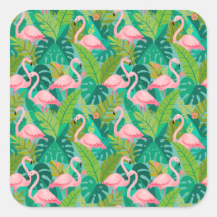 Tropical Pink Flamingos Jungle Foliage Square Sticker