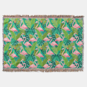 Tropical Pink Flamingos Jungle Foliage Throw Blanket