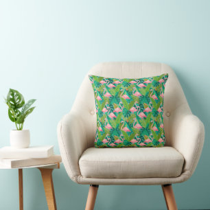 Tropical Pink Flamingos Jungle Foliage Throw Pillow