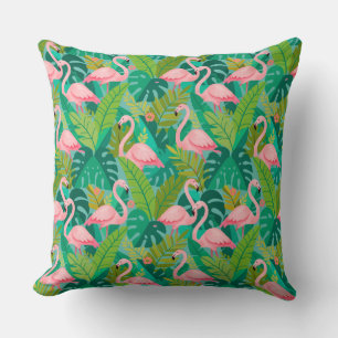 Tropical Pink Flamingos Jungle Foliage Throw Pillow