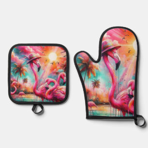 Tropical Pink Flamingos Palm Trees Organization Oven Mitt & Pot Holder Set