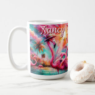 Tropical Pink Flamingos Palm Trees Personalized Coffee Mug