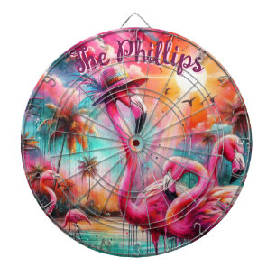 Tropical Pink Flamingos Palm Trees Personalized Dartboard