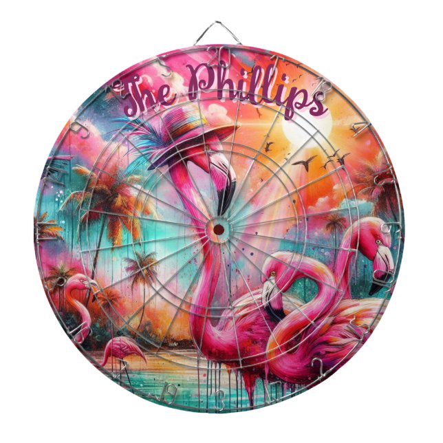 Tropical Pink Flamingos Palm Trees Personalized Dartboard (Front)
