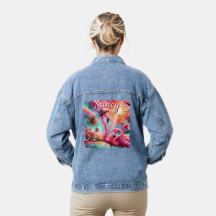 Tropical Pink Flamingos Palm Trees Personalized Denim Jacket
