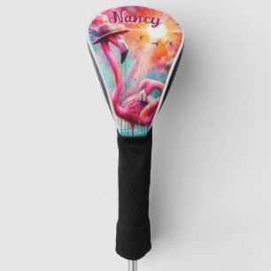 Tropical Pink Flamingos Palm Trees Personalized Golf Head Cover