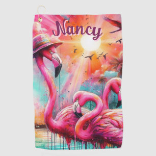 Tropical Pink Flamingos Palm Trees Personalized Golf Towel